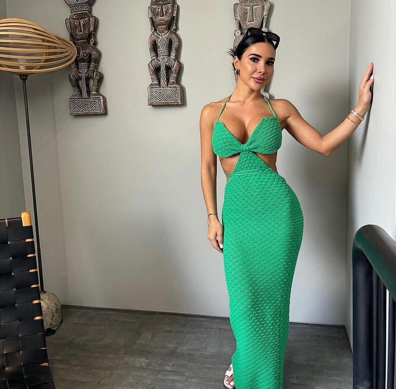 Jade Backless Cutout Crochet Maxi Dress - Green